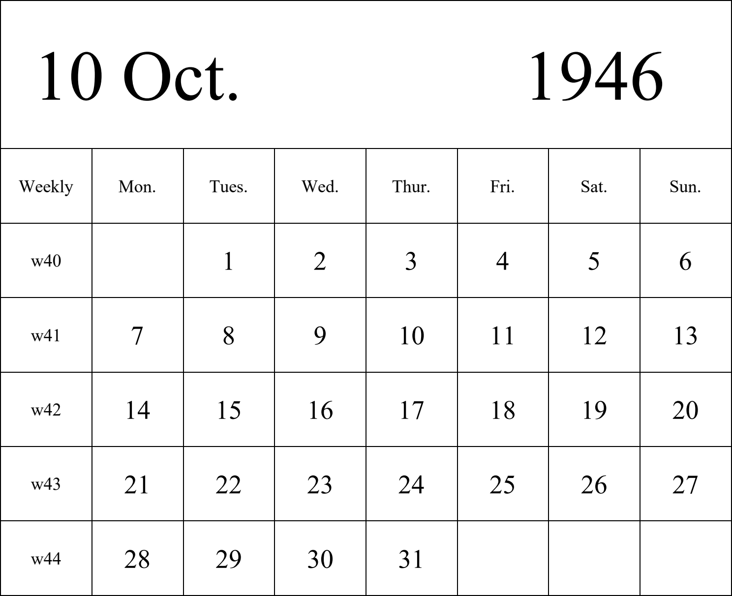 日历表1946年日历 英文版 纵向排版 周一开始 带周数